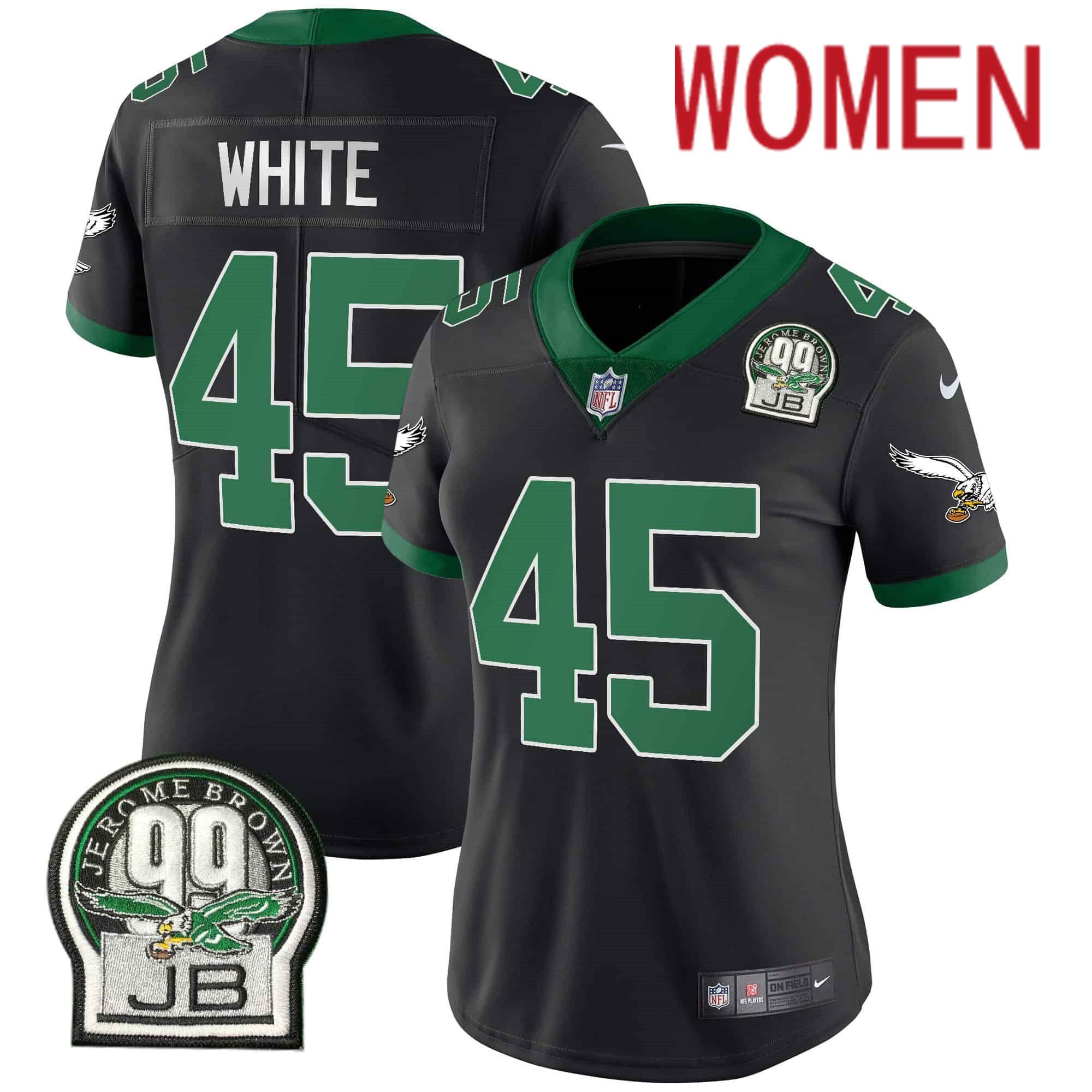Women Philadelphia Eagles #45 White Black 2024 Nike Jerome Brown Patch Alternate Limited NFL Jersey style 1